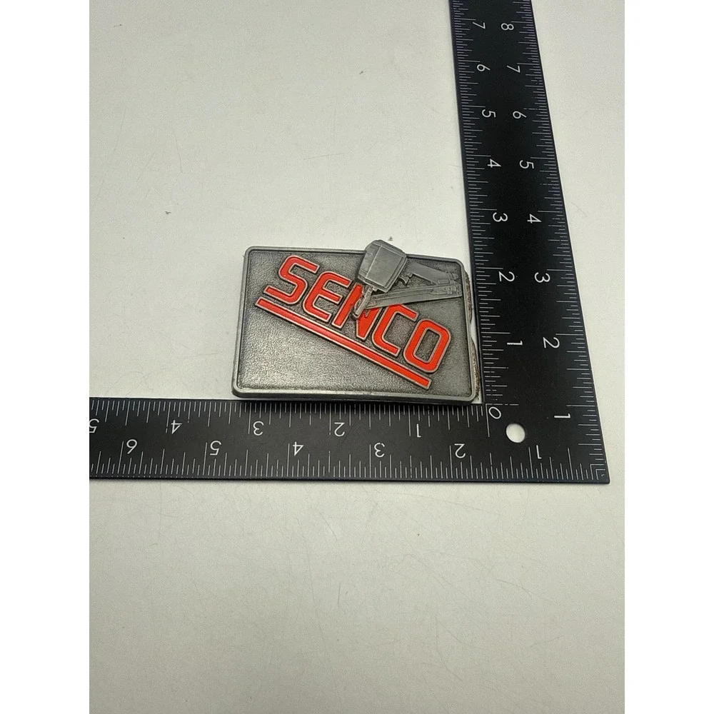 Vintage Senco Belt Buckle USA Made Red Logo Pneumatic Nail Gun Tool Advertising